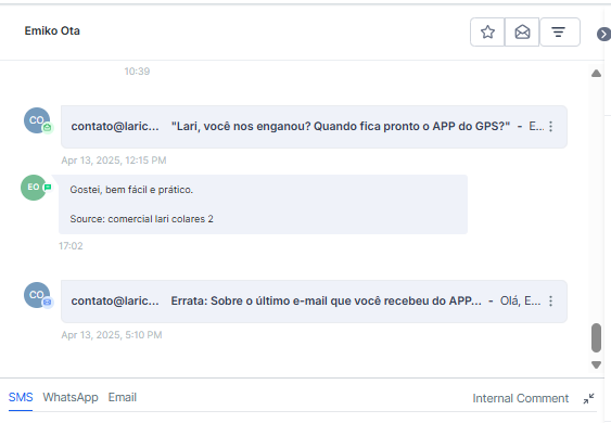 CRM mostrando histórico de contato com Emiko Ota